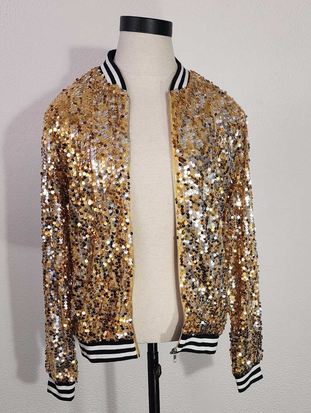 Anna-Kaci Jacket Gold Sequin Bomber Style Sparling Gold Size S - Picture 5 of 17